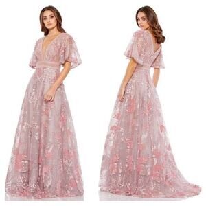 Mac Duggal 20262 Pink Embroidered Flounce Sleeve A Line Gown Size 4 NWT